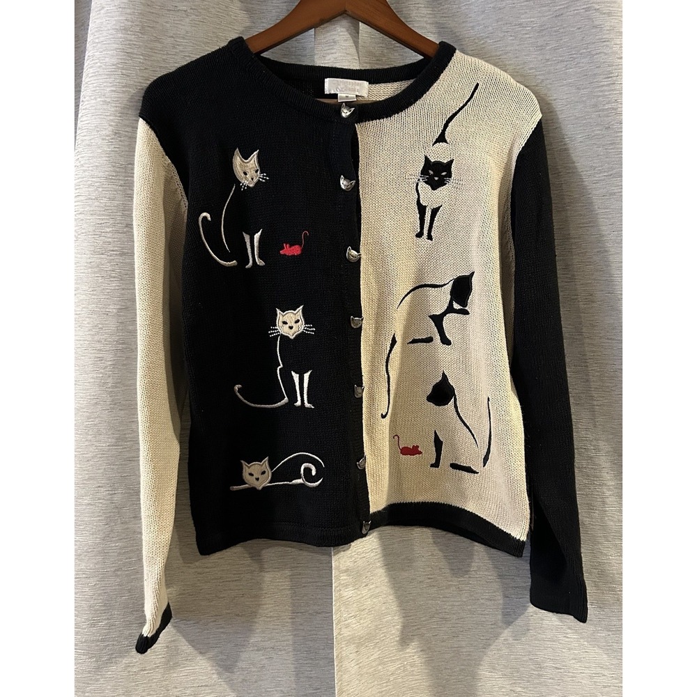 Christopher & Banks Vintage Cardigan Sweater Cat Embroidered Women's Medium‎
